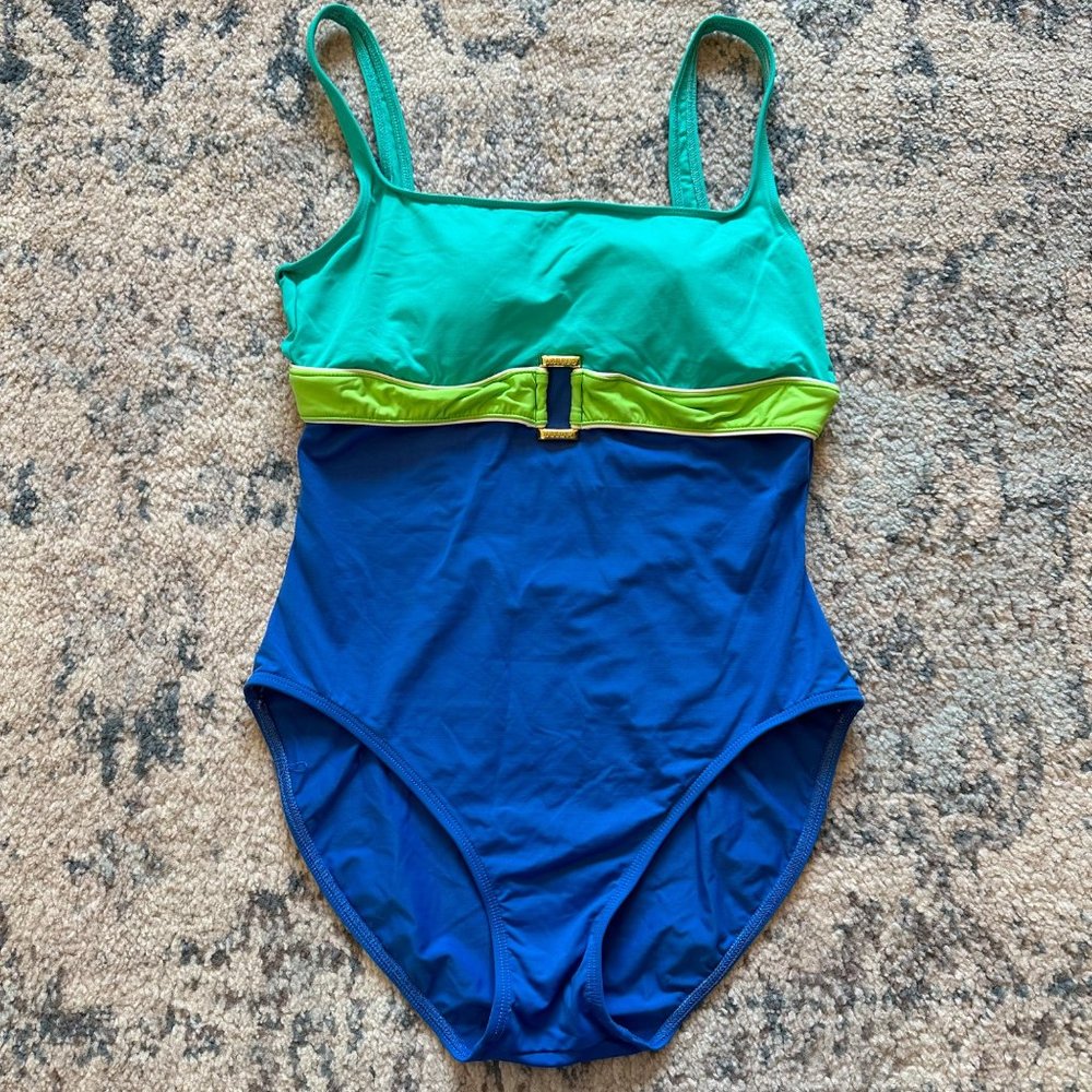 Lauren Ralph Lauren VTG Blue Colorblock Banded One Piece Swimsuit Padded 12